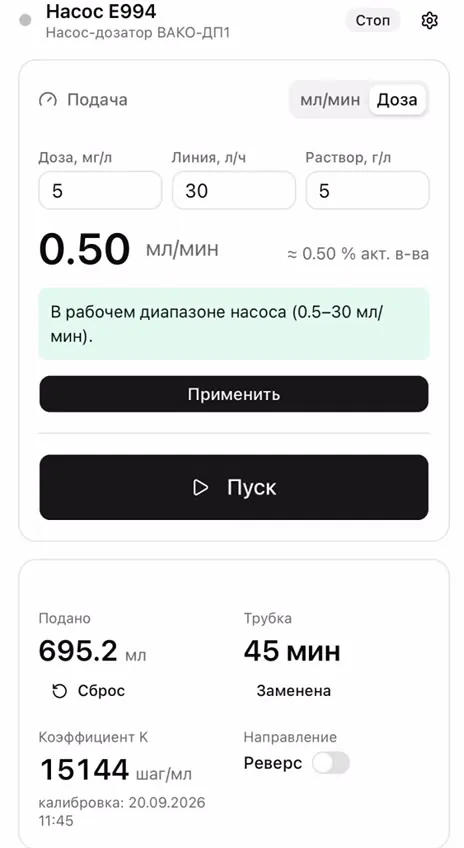 Режим «Доза»: 5 мг/л при 30 л/ч и растворе 5 г/л — 0,50 мл/мин